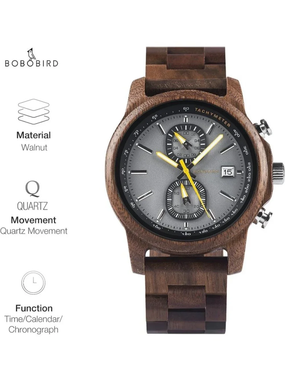 Men's Grey Analog Quartz Ultra-Light Luminous Chronograph Casual Wooden Watch